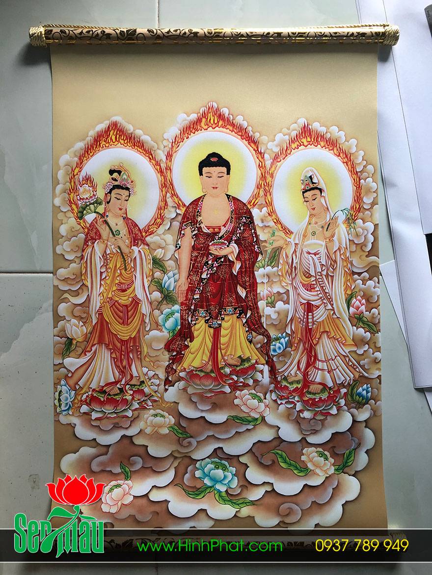 Tranh Phật in trên vải Canvas gắn sáo gỗ