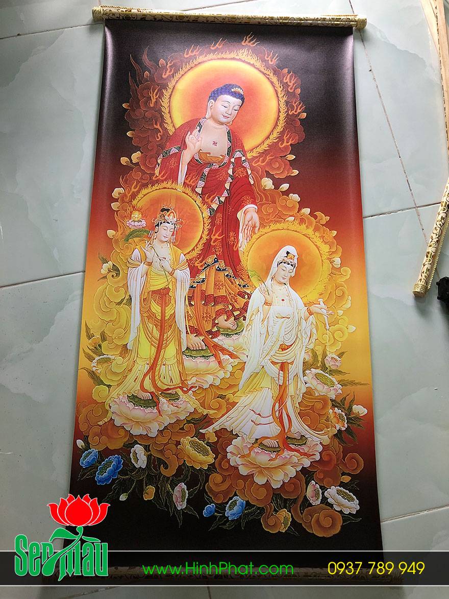 Tranh Phật in trên vải Canvas gắn sáo gỗ