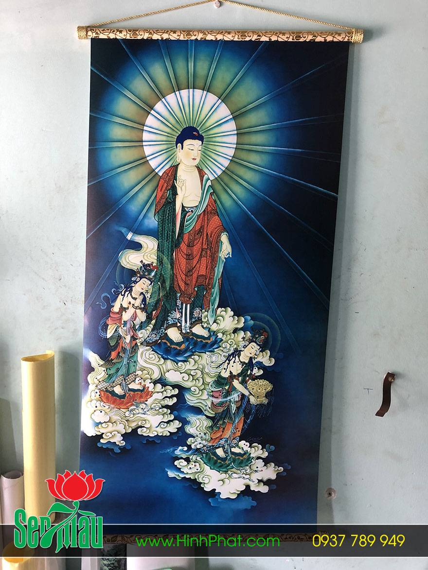 Tranh Phật in trên vải Canvas gắn sáo gỗ