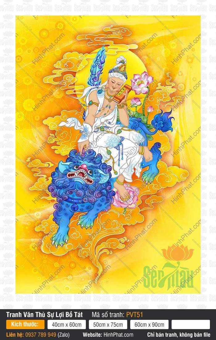 Hình Văn Thù Bồ Tát PVT51 Hình Văn Thù Bồ Tát PVT51 cưỡi sư tử xanh dũng mãnh trên nền mây vàng rực rỡ