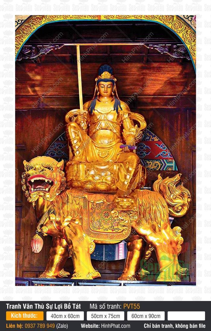 Hình Văn Thù Sự Lợi Bồ Tát Đẹp PVT55 Hình Văn Thù Sự Lợi Bồ Tát Đẹp PVT55 khắc họa tôn tượng sắc vàng cưỡi sư tử oai phong