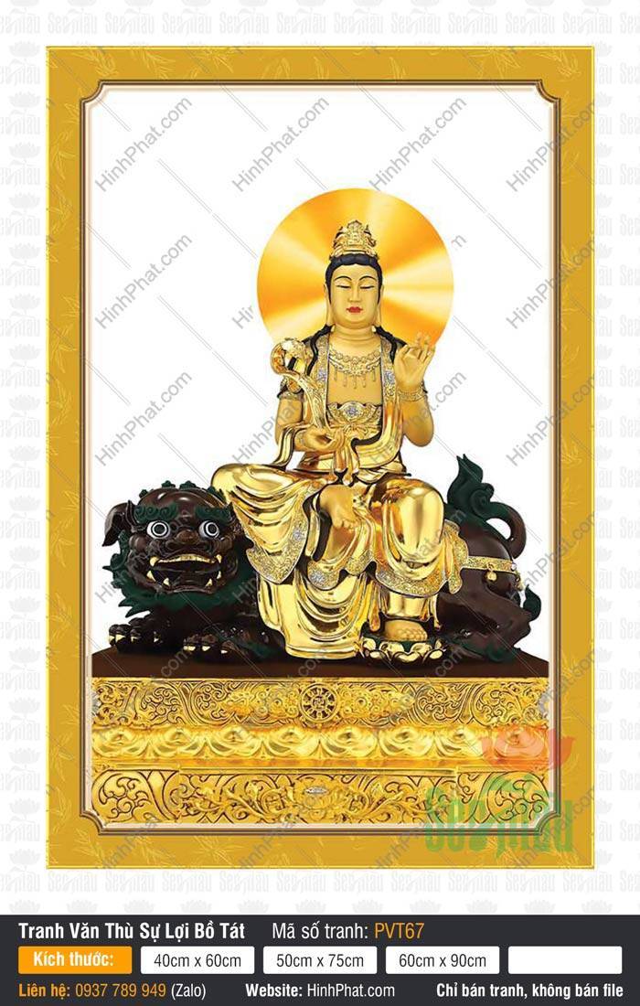 Hình Văn Thù Sự Lợi Bồ Tát Đẹp PVT67 Hình Văn Thù Sự Lợi Bồ Tát Đẹp PVT67 thân kim sắc ngự trên linh thú sư tử đen dũng mãnh