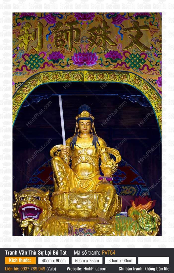 Hình Văn Thù Sư Lợi Bồ Tát PVT54, Văn Thù Bồ Tát Hình Văn Thù Sư Lợi Bồ Tát PVT54 tôn tượng vàng rực rỡ cầm gươm cưỡi sư tử uy nghiêm