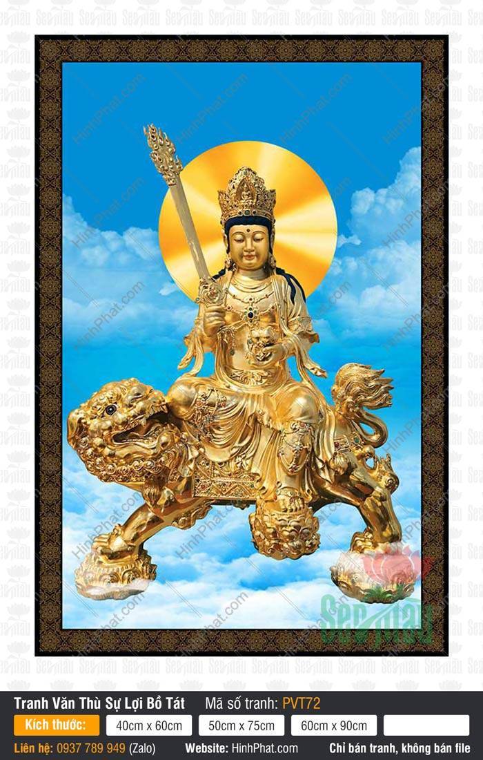 Tranh Văn Thù Sự Lợi Kích Thước Lớn PVT72 Tranh Văn Thù Sự Lợi Kích Thước Lớn PVT72, Ngài cầm gươm báu trên sư tử vàng giữa trời xanh