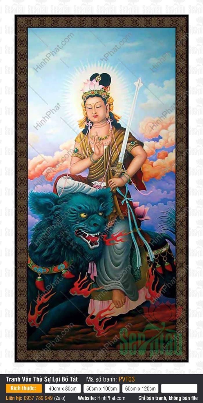 Hình Văn Thù Bồ Tát PVT03 Hình Văn Thù Bồ Tát PVT03 cưỡi sư tử xanh dũng mãnh giữa tầng mây hồng