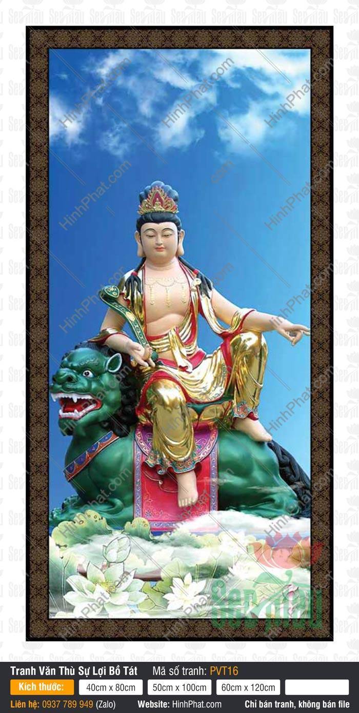 Hình Văn Thù Bồ Tát Đẹp PVT16 Hình Văn Thù Bồ Tát Đẹp PVT16 Ngài ngự sư tử xanh tay cầm gậy như ý nền trời xanh