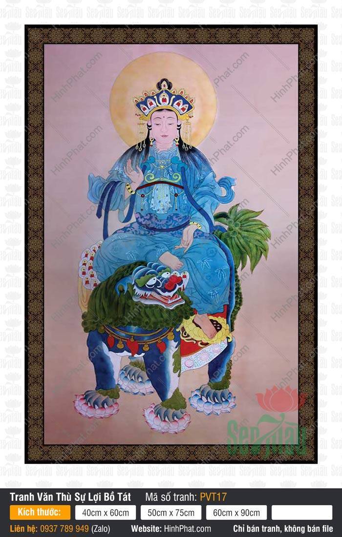 Hình Văn Thù Bồ Tát kích thước lớn PVT17 Hình Văn Thù Bồ Tát kích thước lớn PVT17 ngự trên sư tử xanh mặc y xanh dương bắt ấn
