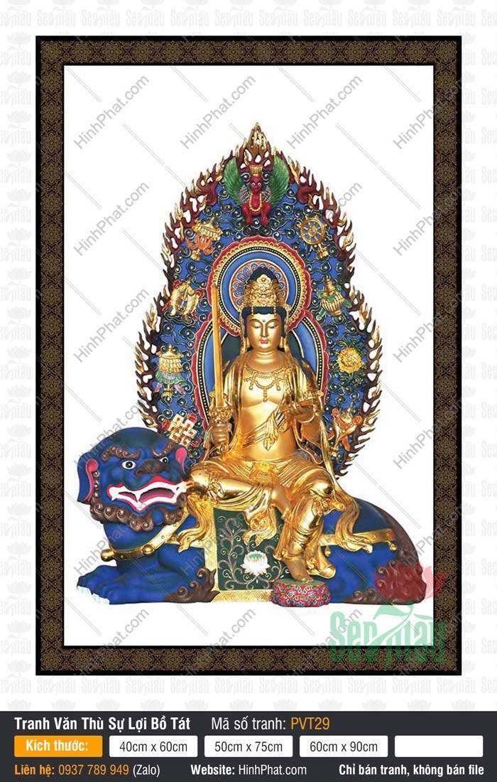 Hình Văn Thù Bồ Tát kích thước lớn PVT29 Hình Văn Thù Bồ Tát kích thước lớn PVT29 dát vàng cưỡi sư tử xanh uy dũng cầm gươm