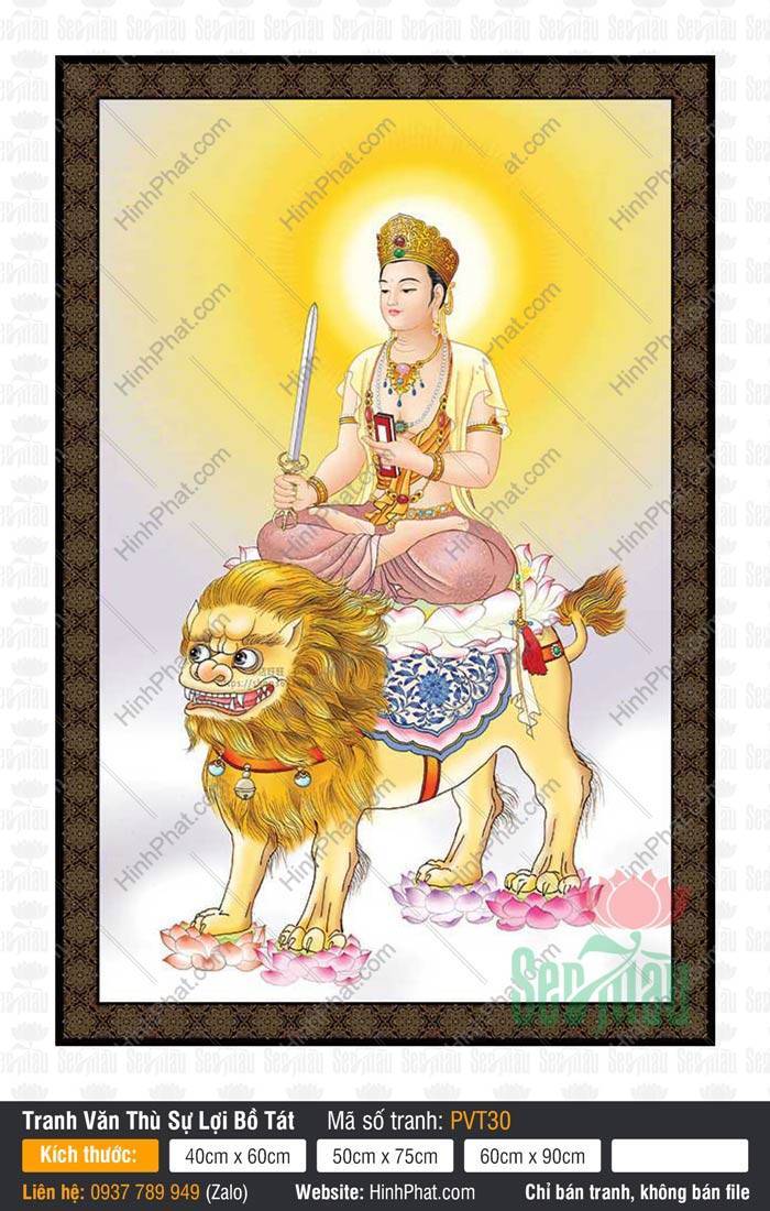 Hình Văn Thù Sư Lợi Bồ Tát PVT30 Mẫu Hình Văn Thù Sư Lợi Bồ Tát PVT30 ngự mãnh sư vàng cầm bảo kiếm uy nghi rực rỡ
