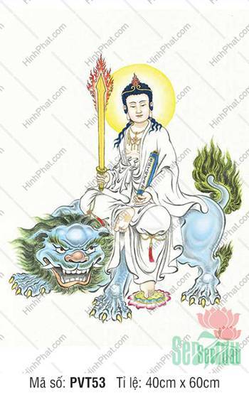 Hình Văn Thù Bồ Tát Kích Thước Lớn PVT53, Ngài cưỡi sư tử xanh