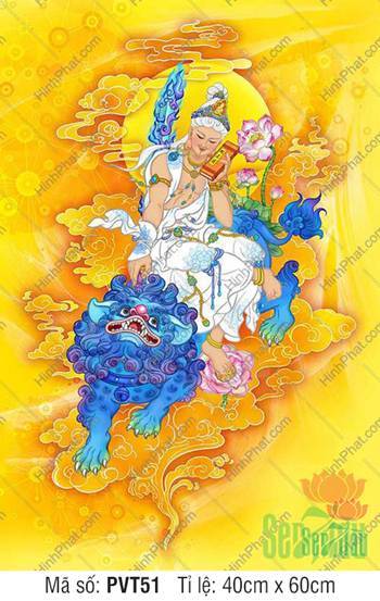 Hình Văn Thù Bồ Tát PVT51, tôn tượng cưỡi sư tử nền vàng