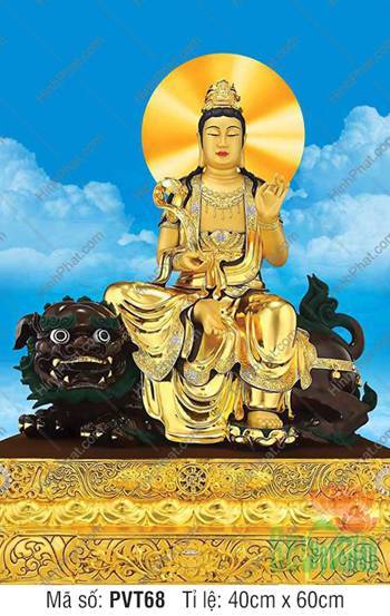 Tranh Văn Thù Bồ Tát PVT68, tôn tượng mạ vàng ngự thanh sư