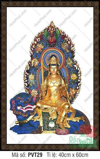 Hình Văn Thù Bồ Tát kích thước lớn PVT29, tôn tượng cưỡi sư tử
