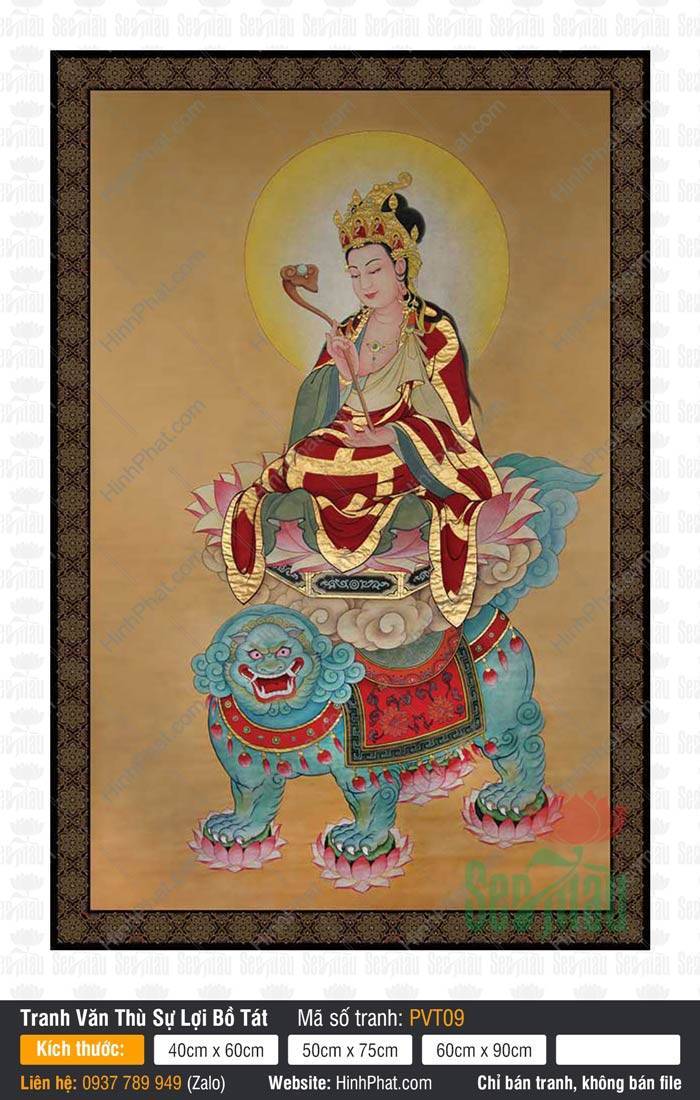 Tranh Văn Thù Bồ Tát Đẹp PVT09 Tranh Văn Thù Bồ Tát Đẹp PVT09 Ngài cầm gậy như ý cưỡi sư tử xanh uy nghi