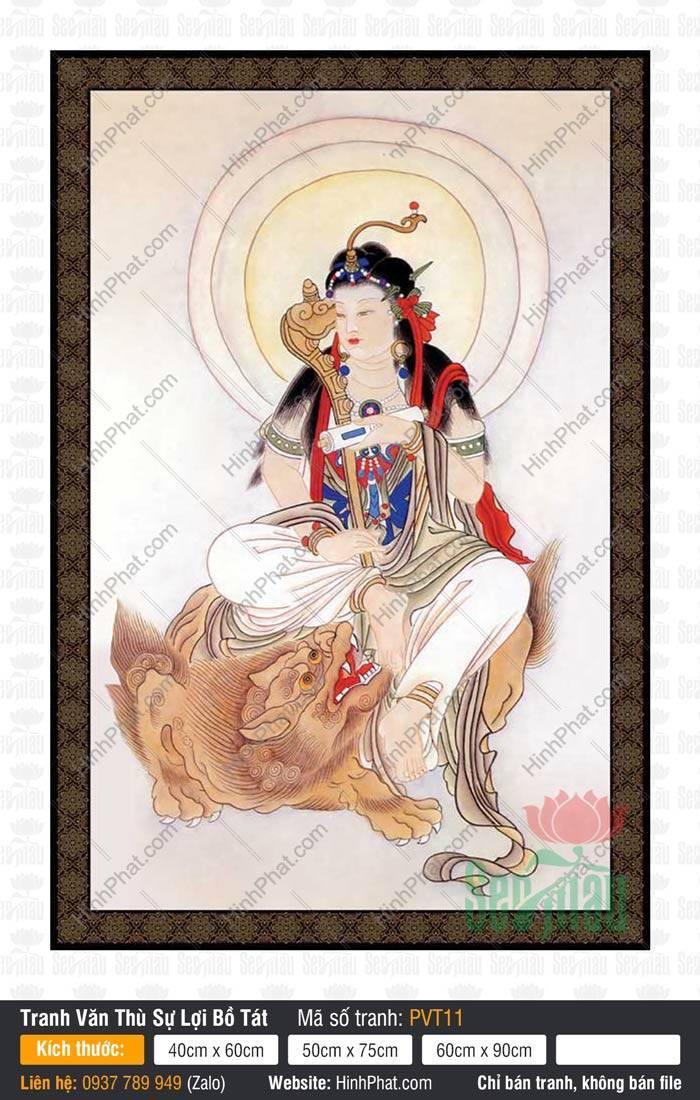 Tranh Văn Thù Sự Lợi Bồ Tát PVT11 Tranh Văn Thù Sự Lợi Bồ Tát PVT11 ngồi trên sư tử vàng tay cầm vương trượng thanh khiết