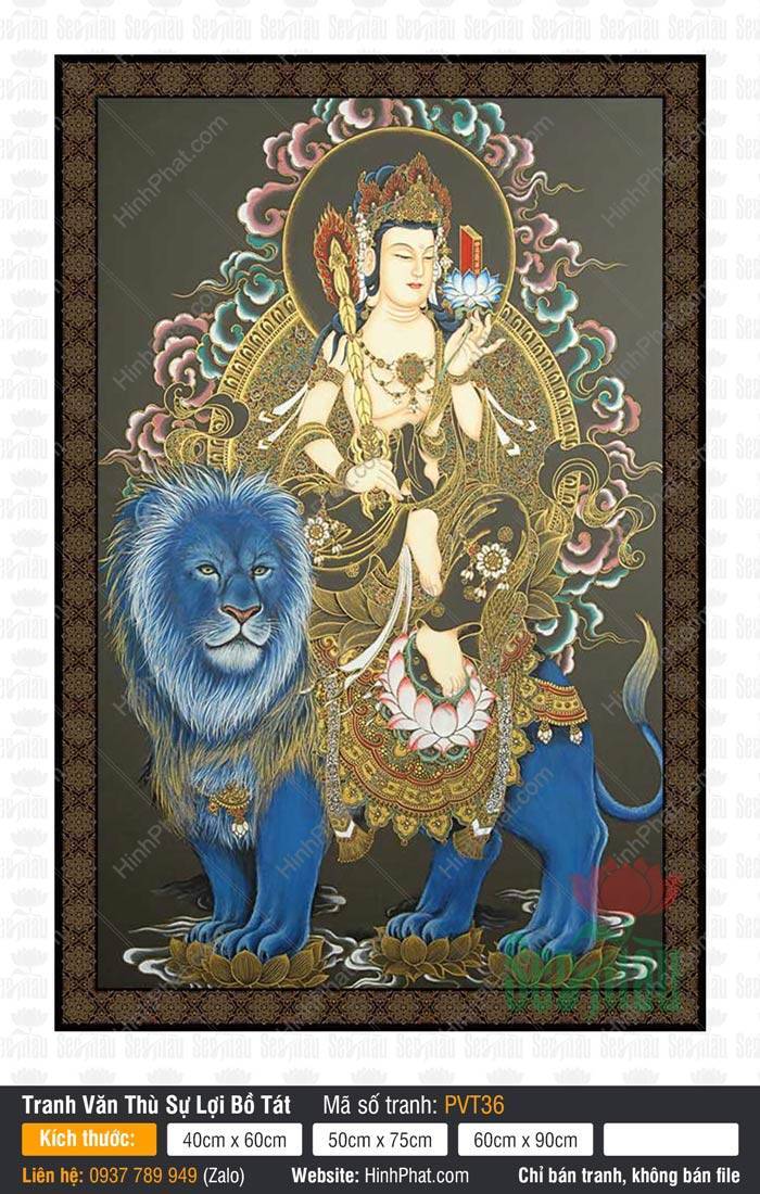 Tranh Văn Thù Sự Lợi kích thước lớn PVT36 Tranh Văn Thù Sự Lợi kích thước lớn PVT36 ngự tòa sen trên lưng sư tử xanh dũng mãnh