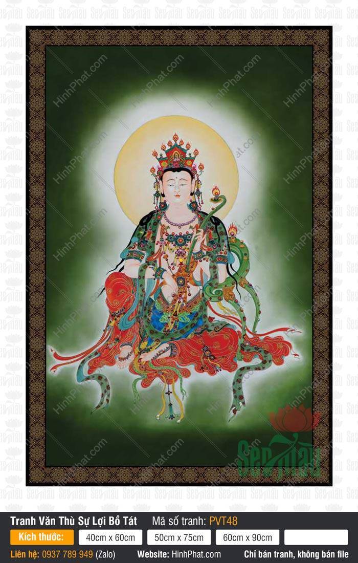 Tranh Văn Thù Sự Lợi kích thước lớn PVT48 Tranh Văn Thù Sự Lợi kích thước lớn PVT48 họa Ngài mặc y phục đỏ xanh trang nghiêm