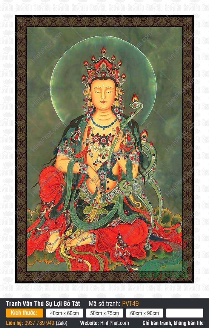 Văn Thù Bồ Tát PVT49 Hình Văn Thù Bồ Tát PVT49 tọa tòa sen cầm vương trượng Như Ý ngọc xanh tinh xảo