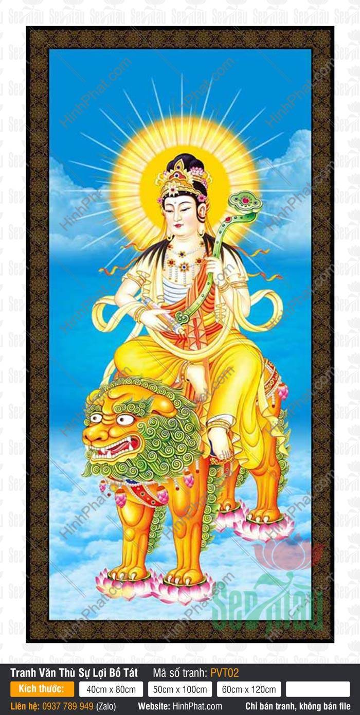 Văn Thù Sư Lợi PVT02 Hình Văn Thù Sư Lợi PVT02 cưỡi sư tử vàng tay cầm gậy Như Ý giữa mây trời xanh ngắt