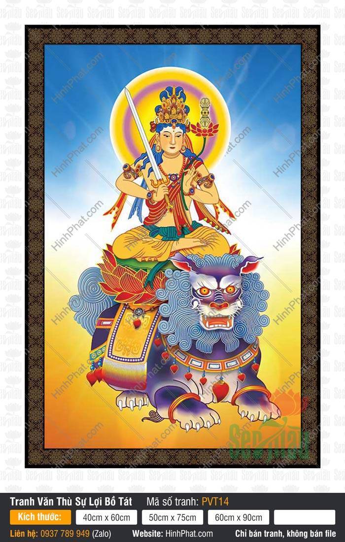 Văn Thù Sư Lợi PVT14 Hình Văn Thù Bồ Tát PVT14 cầm gươm trí tuệ ngự tòa sen trên lưng sư tử xanh oai vệ