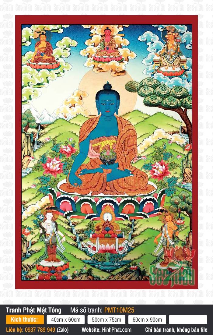 Bhaisajyaguru PMT10M25 Bhaisajyaguru PMT10M25 sắc xanh lưu ly ngự tòa sen giữa bối cảnh sơn thủy Thangka