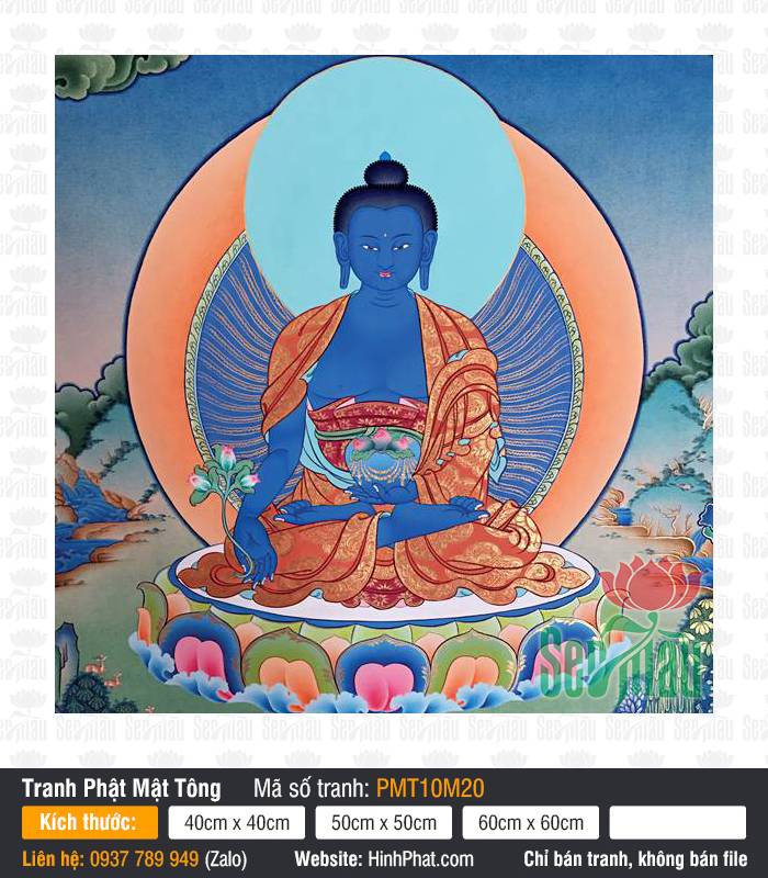 Medicine Buddha PMT10M20 Medicine Buddha PMT10M20 thân sắc xanh lưu ly tọa thiền trên đài sen giữa núi non