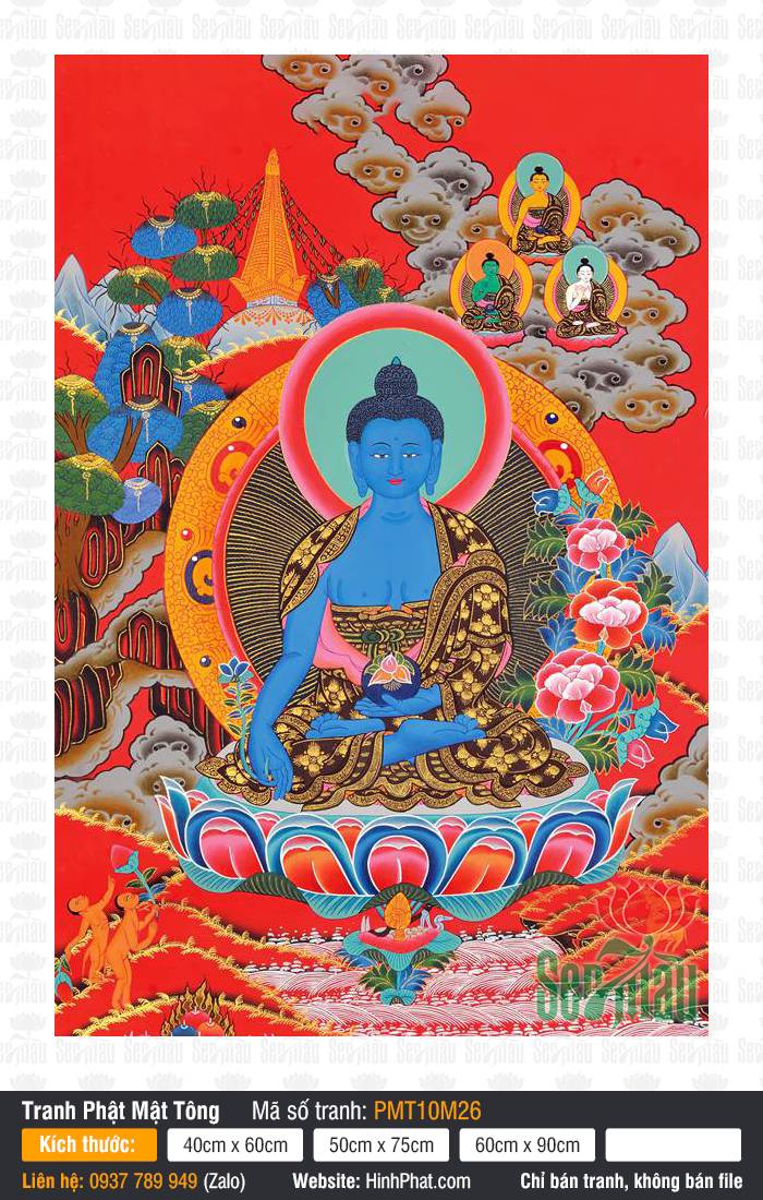 Medicine Buddha PMT10M26 Bức tranh Medicine Buddha PMT10M26 sắc xanh lam ngự tòa sen trên nền đỏ thangka