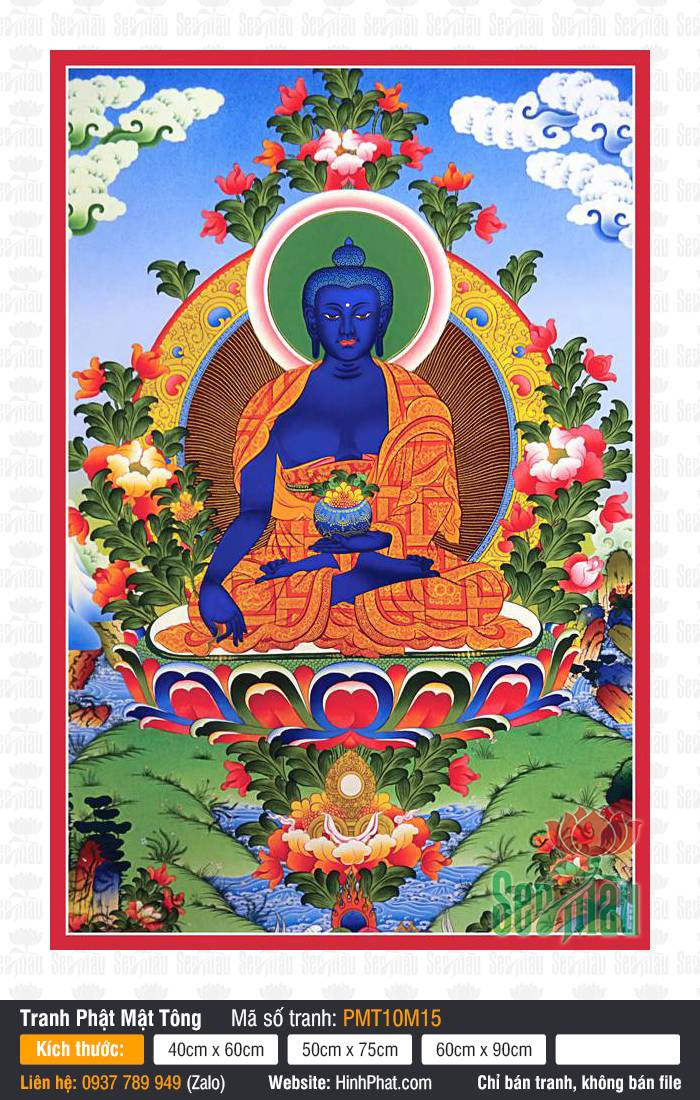 The Medicine Buddha PMT10M15 The Medicine Buddha PMT10M15 sắc xanh lưu ly ngồi thiền định giữa đóa hoa mây trời