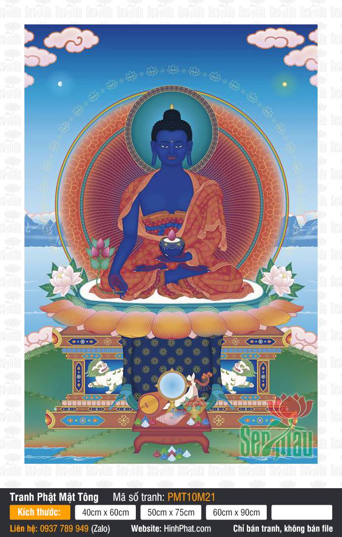 The Medicine Buddha PMT10M21 Tranh The Medicine Buddha PMT10M21 khắc họa Đức Phật Dược Sư sắc xanh lam ngự tòa sen