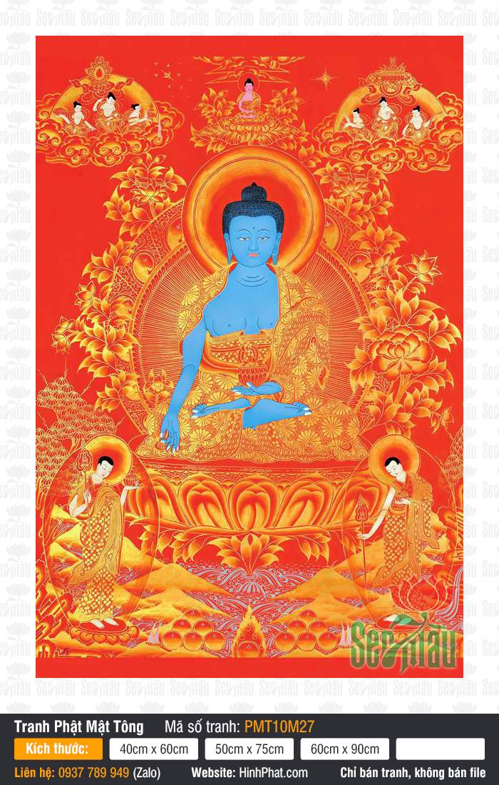 The Medicine Buddha PMT10M27 The Medicine Buddha PMT10M27 Phật Dược Sư sắc xanh tọa tòa sen vàng nền đỏ Thangka