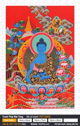 Medicine Buddha PMT10M26, Thân Tướng Lưu Ly Trên Nền Thangka Đỏ