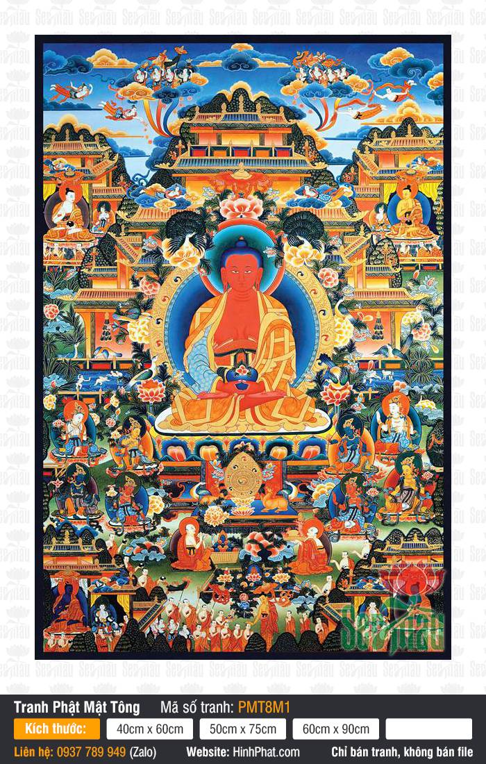 Buddha Amitabha PMT8M1 Tranh Buddha Amitabha PMT8M1 mô tả Đức Phật sắc thân đỏ ngự cung điện tịnh độ