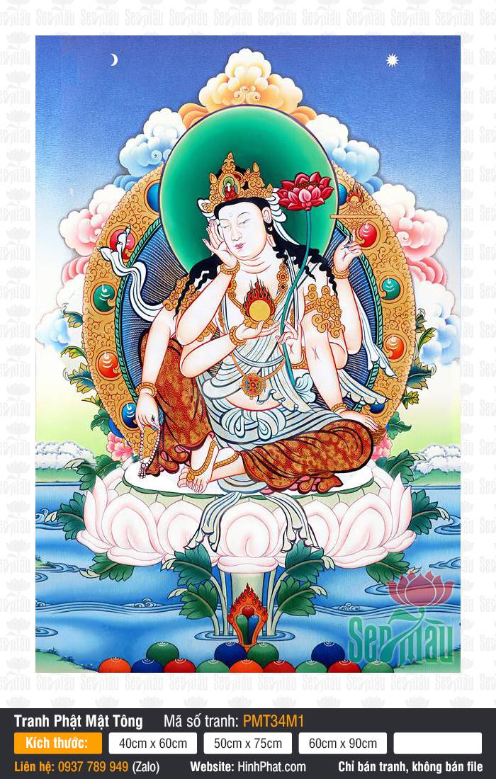 Cintamanicakra Avalokiteshvara PMT34M1 Tranh Cintamanicakra Avalokiteshvara họa hình Đức Như Ý Luân Quán Âm sáu tay ngự đài sen