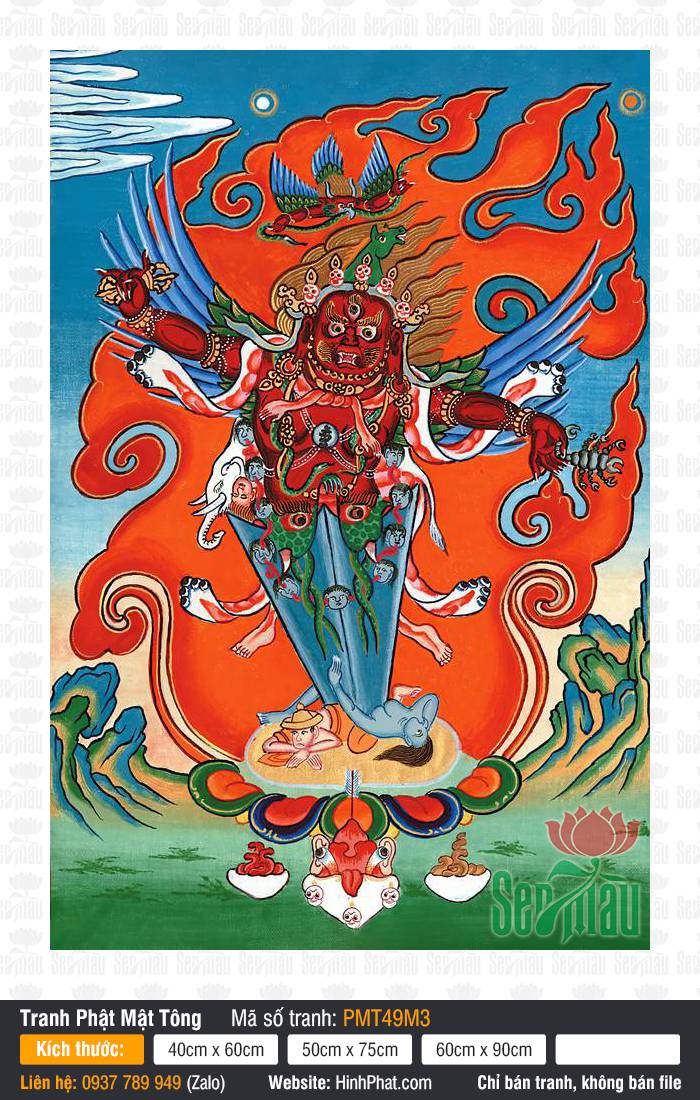 Tranh Dorje Phurba PMT49M3 phẫn nộ thân đỏ cánh xanh lam giữa vầng lửa cháy