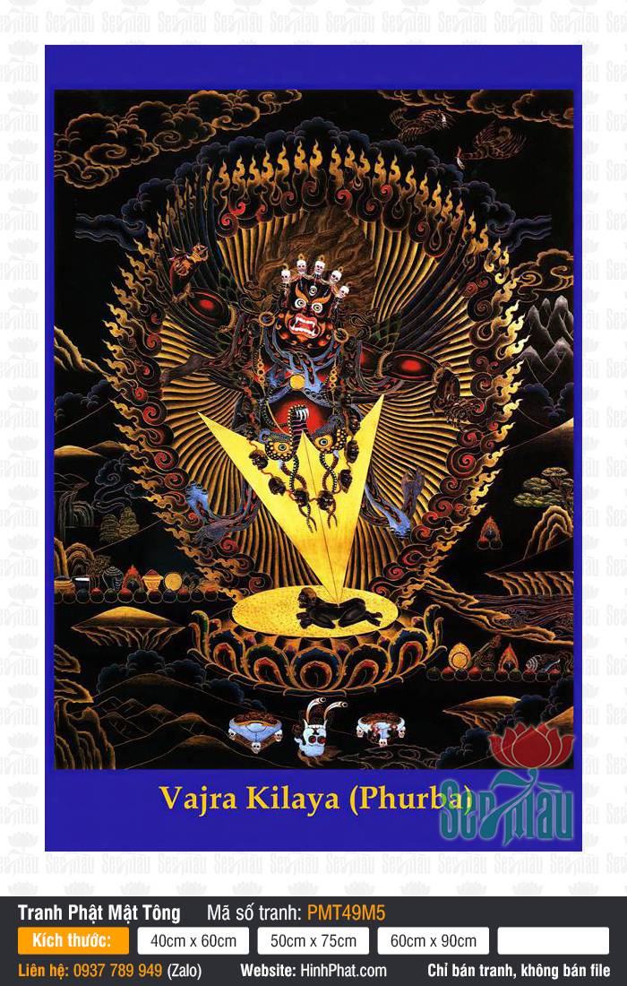 Tranh Dorje Phurba PMT49M5 khắc họa vị hộ pháp diện tướng phẫn nộ xung quanh vòng lửa