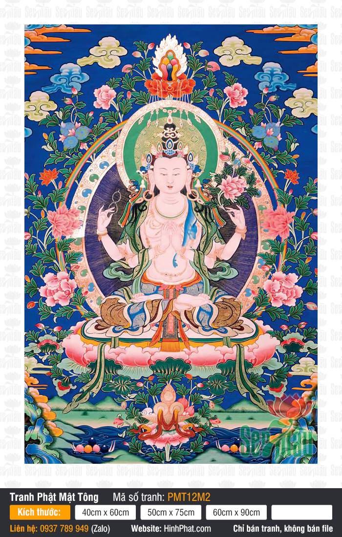 Avalokiteshvara PMT12M2 Tranh Avalokiteshvara PMT12M2 khắc họa Tứ Thủ Quán Âm bạch sắc tọa trên đài sen hồng cổ điển