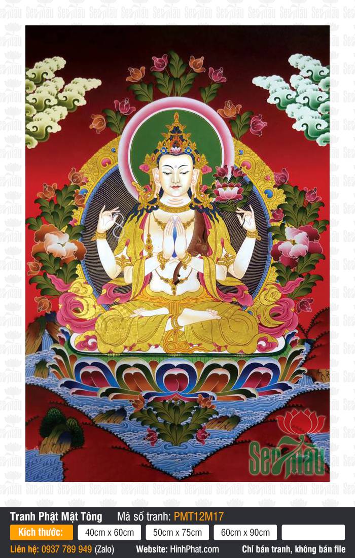 Avalokiteshvara PMT12M17 Tranh Avalokiteshvara PMT12M17 khắc họa Đức Quán Thế Âm bốn tay bạch sắc diện y phục vàng