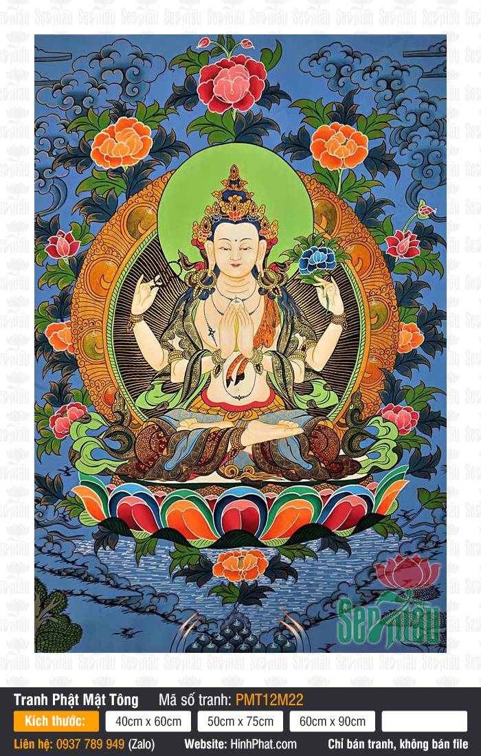 Avalokiteshvara PMT12M22 Tranh Avalokiteshvara PMT12M22 phác họa Đức Quán Thế Âm bốn tay trì giữ hoa sen xanh