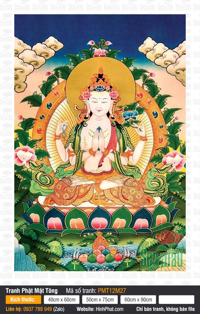 Avalokiteshvara PMT12M27 Tranh Avalokiteshvara PMT12M27 khắc họa Đức Quán Âm bốn tay trì giữ nhành hoa sen xanh