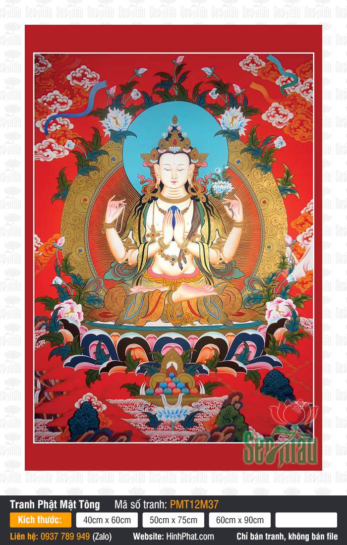 Avalokiteshvara PMT12M37 Tranh Avalokiteshvara PMT12M37 khắc họa Đức Quán Âm bốn tay sắc trắng trên nền đỏ