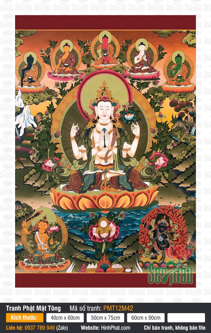 Avalokiteshvara PMT12M42 Tranh Avalokiteshvara PMT12M42 phác họa Quán Âm bốn tay bạch sắc ngự đài sen vàng cổ điển