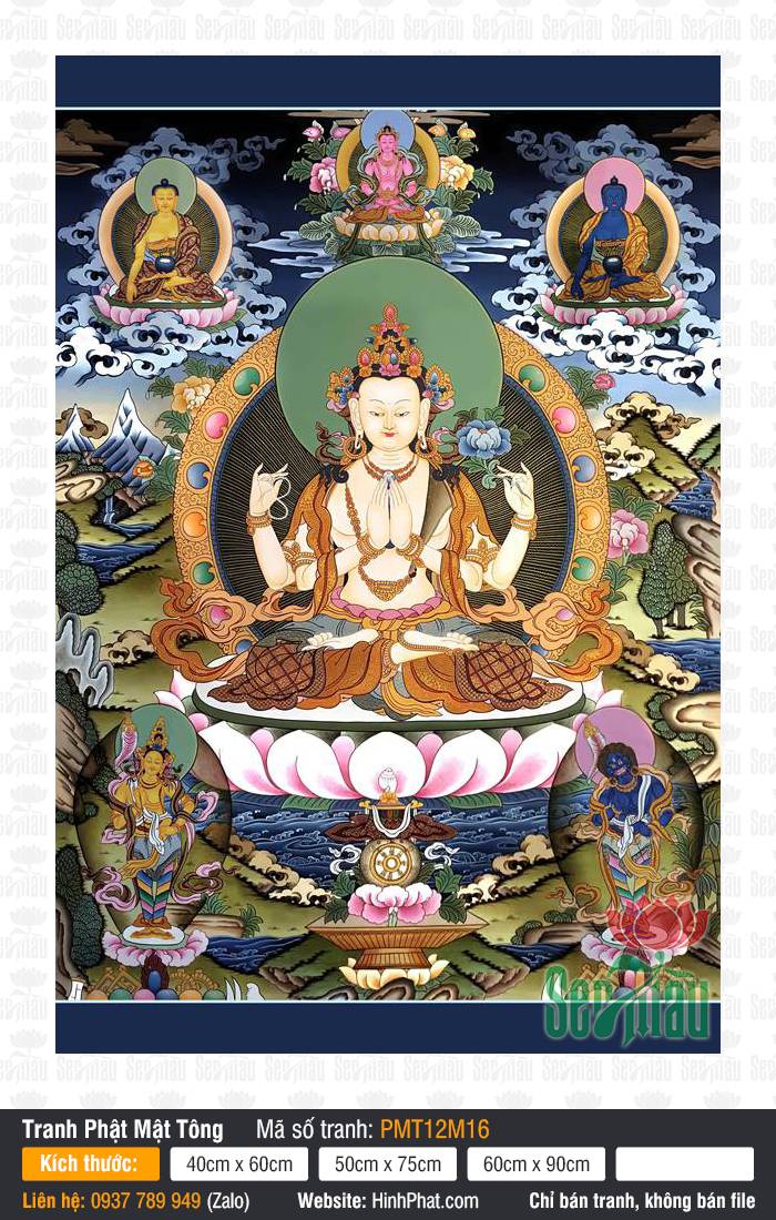 Đức Quán Thế Âm Avalokiteshvara PMT12M16 Đức Quán Thế Âm Avalokiteshvara PMT12M16 bốn tay tọa sen giữa làn mây sẫm