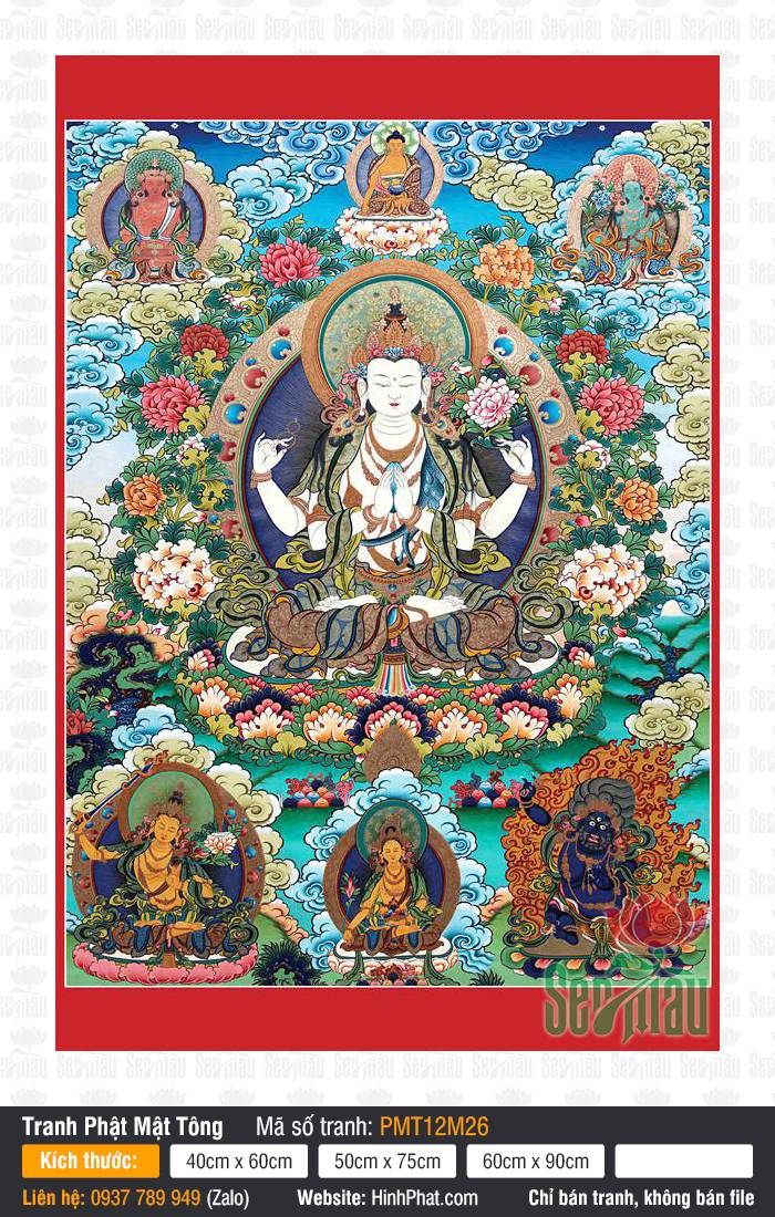 Đức Quán Thế Âm Avalokiteshvara PMT12M26 Đức Quán Thế Âm Avalokiteshvara PMT12M26 bốn tay tọa thiền giữa ngàn hoa và chư Phật