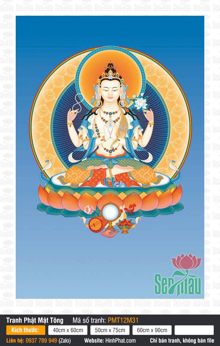 Đức Quán Thế Âm Avalokiteshvara PMT12M31 Đức Quán Thế Âm Avalokiteshvara PMT12M31 bốn tay tọa thiền trên đài sen nền xanh dương