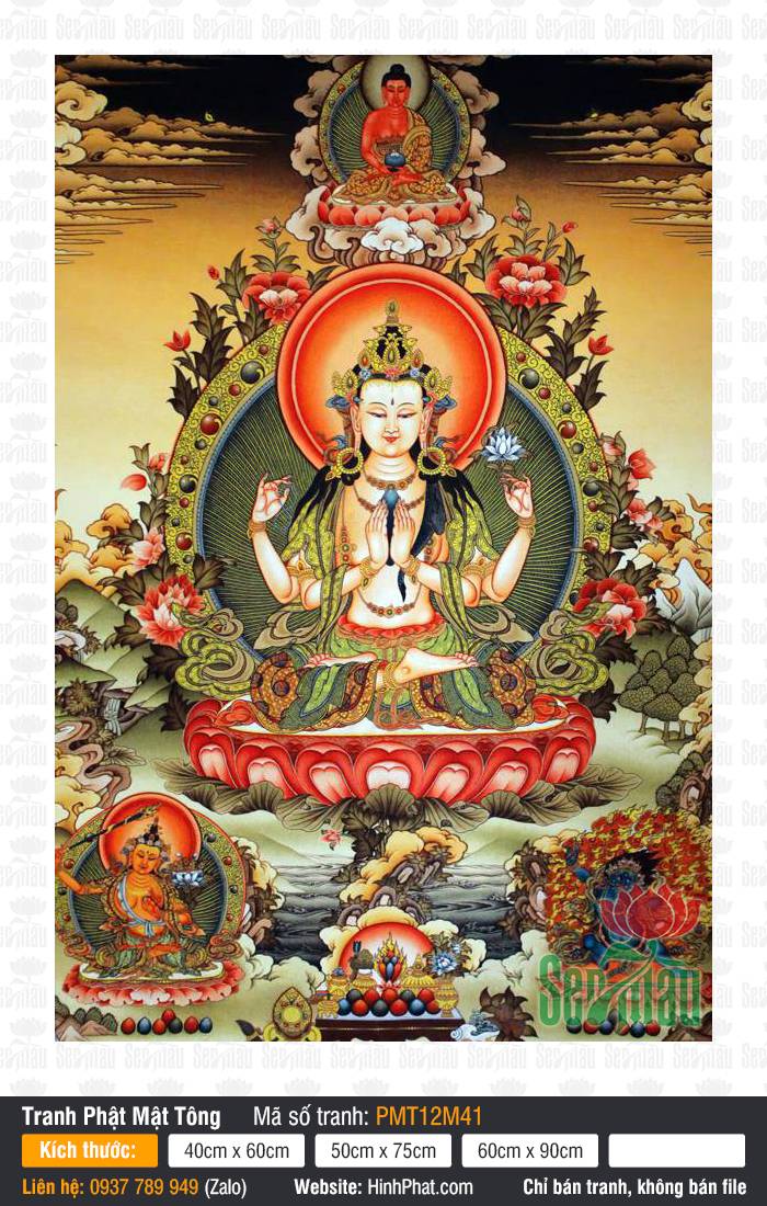 Đức Quán Thế Âm Avalokiteshvara PMT12M41 Đức Quán Thế Âm Avalokiteshvara PMT12M41 bốn tay tọa thiền trên đài sen đỏ rực rỡ