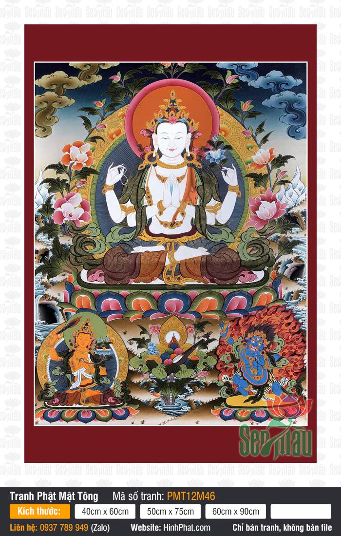 Đức Quán Thế Âm Avalokiteshvara PMT12M46 Đức Quán Thế Âm Avalokiteshvara PMT12M46 bốn tay tọa thiền trên đài sen mây khói