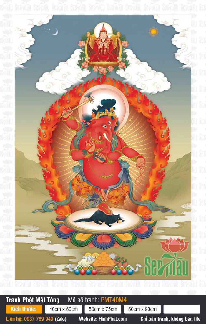 Thần Đầu Voi Ganesha PMT40M4 Thần Đầu Voi Ganesha PMT40M4 sắc đỏ uy nghiêm đứng trên linh vật chuột đen
