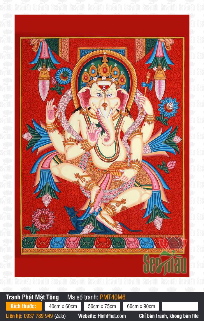Thần Voi Ganesha PMT40M6 Tranh Thần Voi Ganesha PMT40M6 bốn tay tọa lạc uy nghiêm trên nền gấm đỏ rực
