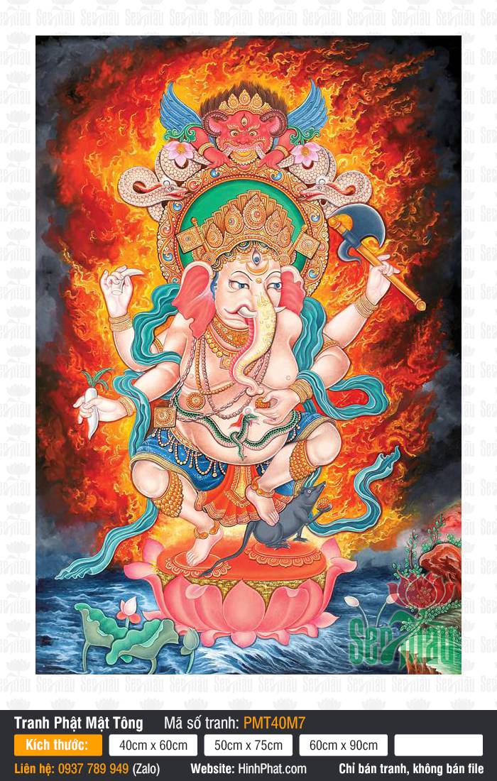 Tranh Thần Ganesha PMT40M7 Tranh Thần Ganesha PMT40M7 bốn tay cầm rìu chiến giữa vòng hỏa quang rực đỏ