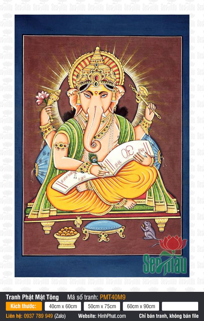 Tranh Thần Đầu Voi Ganesha PMT40M9 Tranh Thần Đầu Voi Ganesha PMT40M9 khắc họa cảnh Ngài cầm bút lông công viết kinh sách cổ